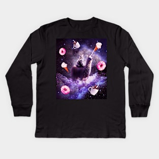 Outer Space Cat Riding Llama Unicorn - Donut Kids Long Sleeve T-Shirt